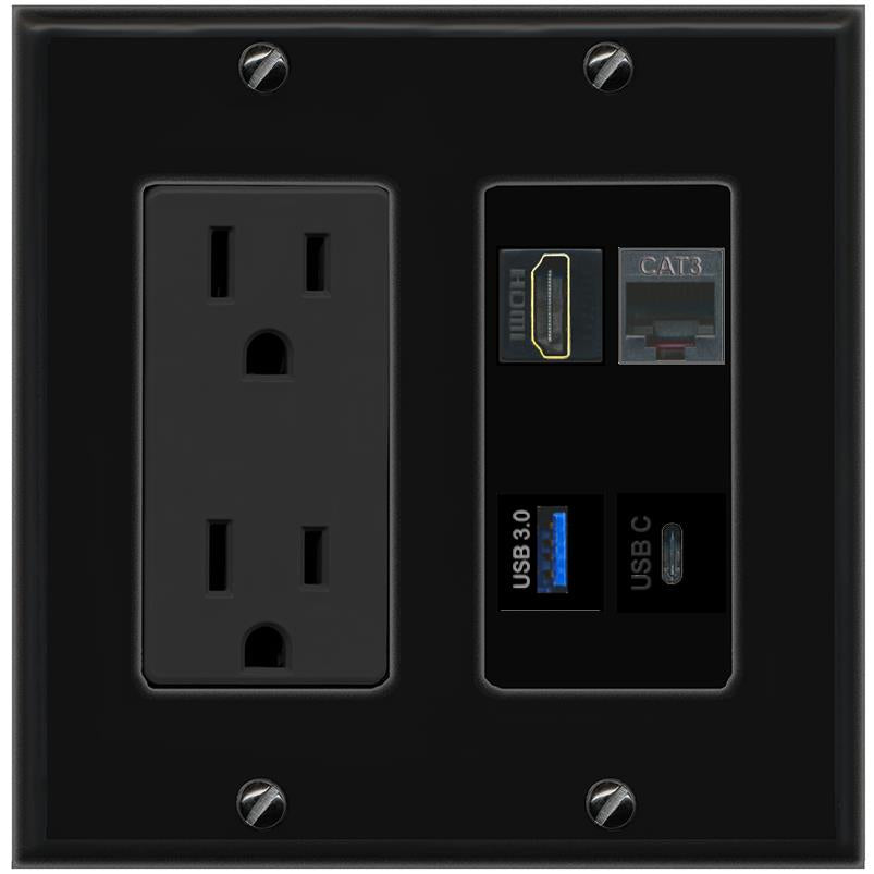 RiteAV HDMI PHONE USB-3 USBC Wall Plate with 15A Power Outlet [Black]