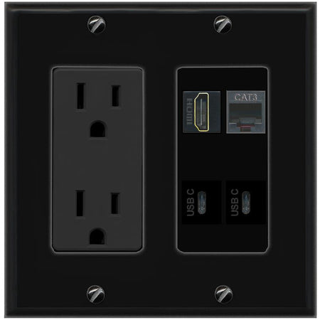 RiteAV HDMI PHONE 2 USBC Wall Plate with 15A Power Outlet [Black]