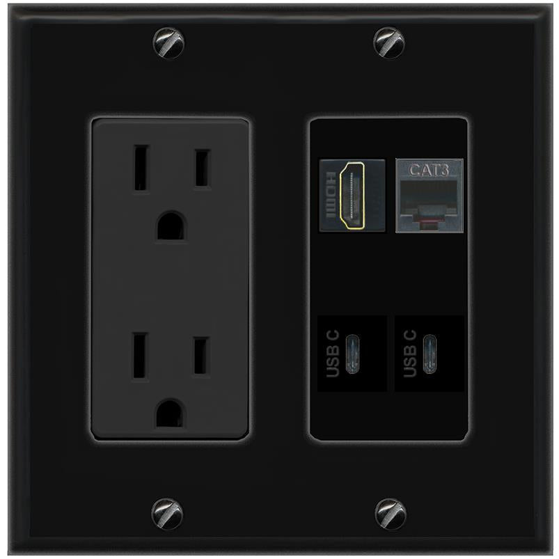 RiteAV HDMI PHONE 2 USBC Wall Plate with 15A Power Outlet [Black]