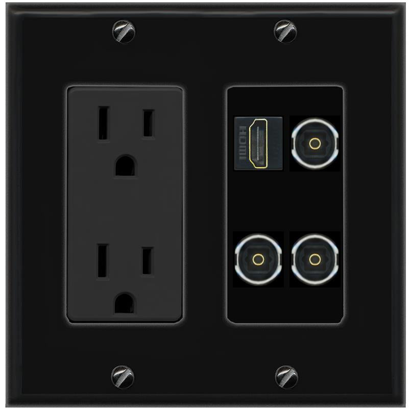 RiteAV HDMI 3 TOSLINK Wall Plate with 15A Power Outlet [Black]