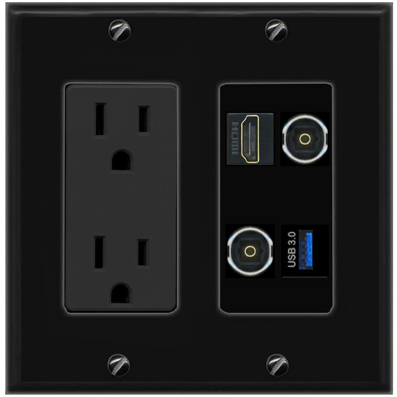 RiteAV HDMI 2 TOSLINK USB-3 Wall Plate with 15A Power Outlet [Black]