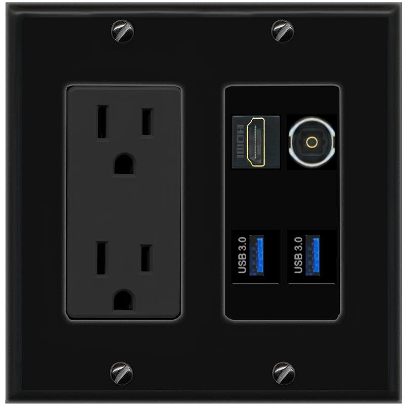 RiteAV HDMI TOSLINK 2 USB-3 Wall Plate with 15A Power Outlet [Black]