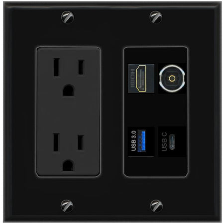 RiteAV HDMI TOSLINK USB-3 USBC Wall Plate with 15A Power Outlet [Black]