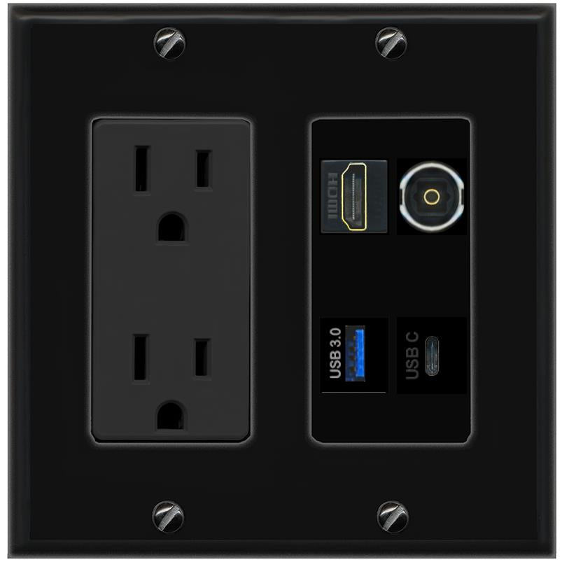 RiteAV HDMI TOSLINK USB-3 USBC Wall Plate with 15A Power Outlet [Black]