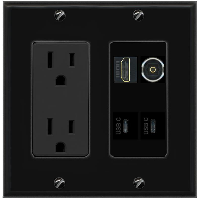 RiteAV HDMI TOSLINK 2 USBC Wall Plate with 15A Power Outlet [Black]
