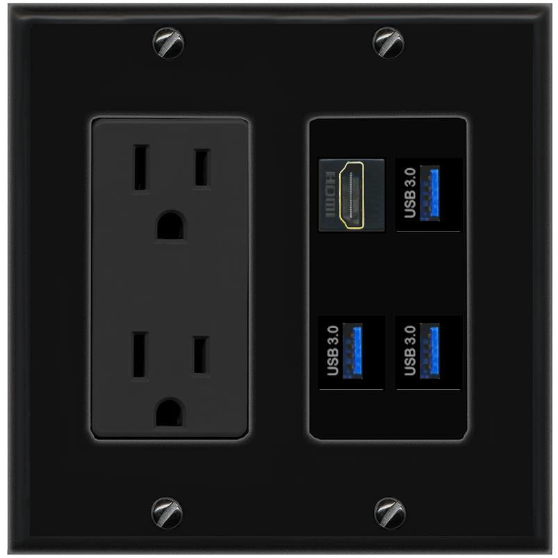 RiteAV HDMI 3 USB-3 Wall Plate with 15A Power Outlet [Black]
