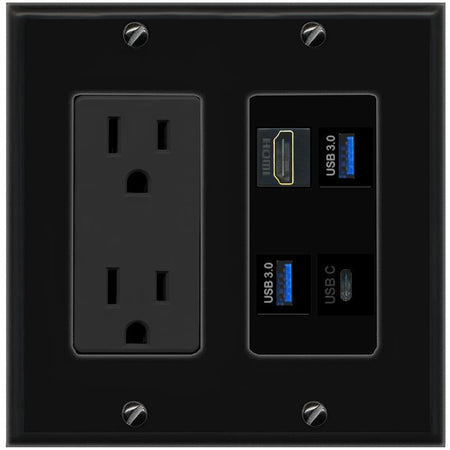 RiteAV HDMI 2 USB-3 USBC Wall Plate with 15A Power Outlet [Black]