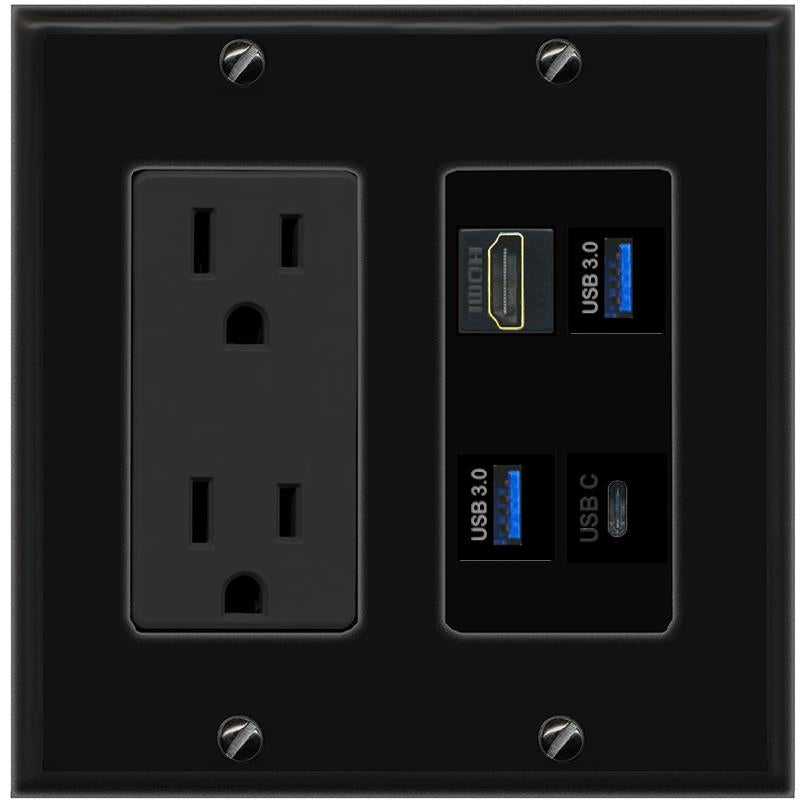 RiteAV HDMI 2 USB-3 USBC Wall Plate with 15A Power Outlet [Black]