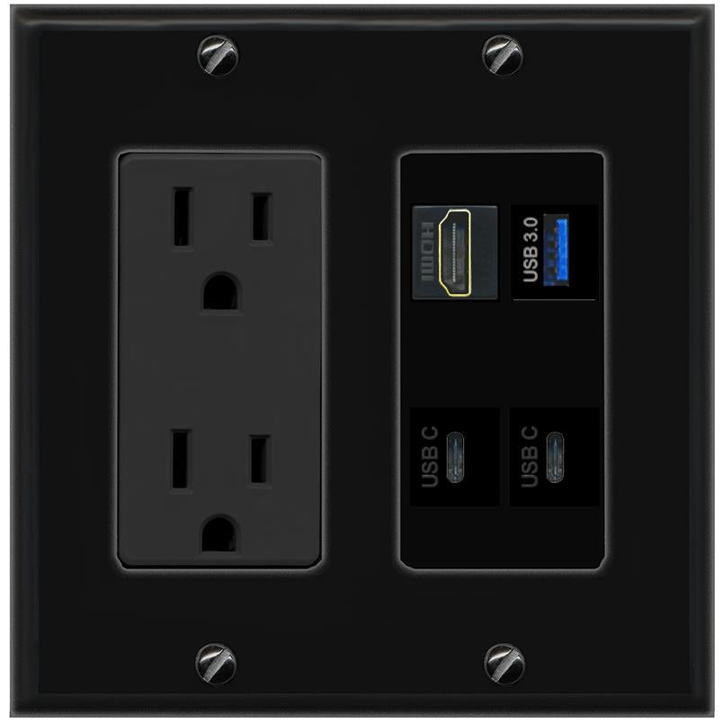 RiteAV HDMI USB-3 2 USBC Wall Plate with 15A Power Outlet [Black]