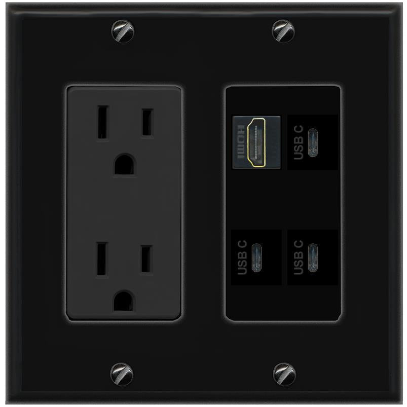 RiteAV HDMI 3 USBC Wall Plate with 15A Power Outlet [Black]