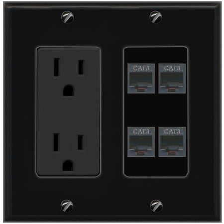 RiteAV 4 PHONE Wall Plate with 15A Power Outlet [Black]