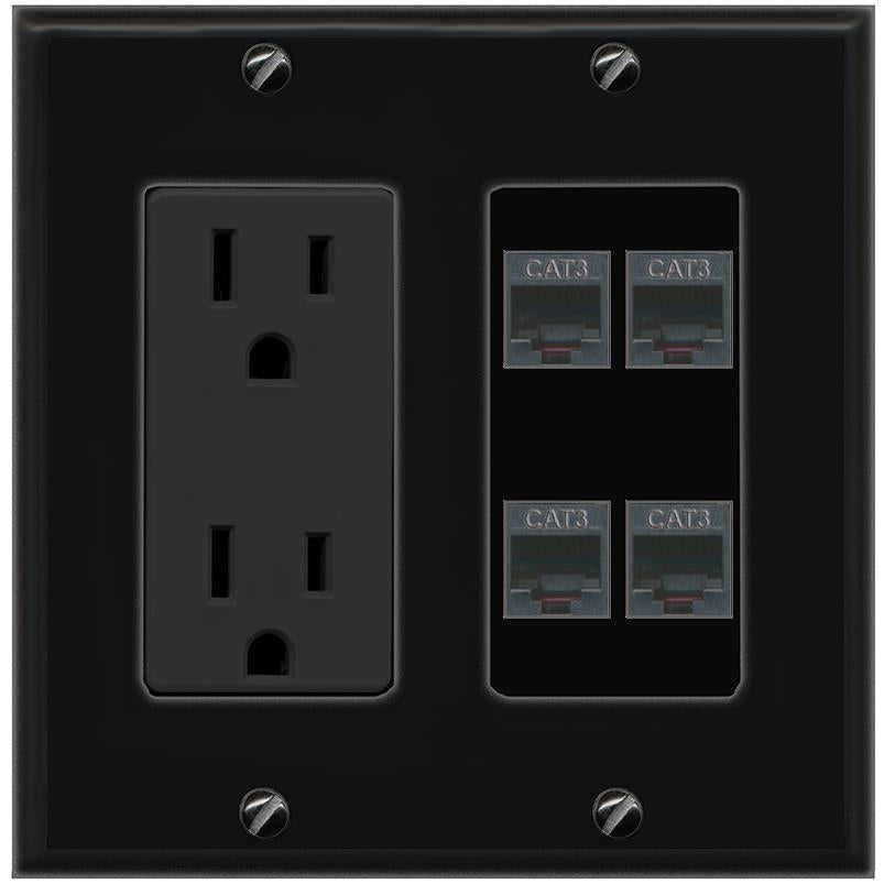 RiteAV 4 PHONE Wall Plate with 15A Power Outlet [Black]