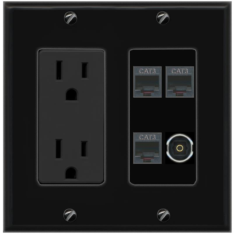 RiteAV 3 PHONE TOSLINK Wall Plate with 15A Power Outlet [Black]