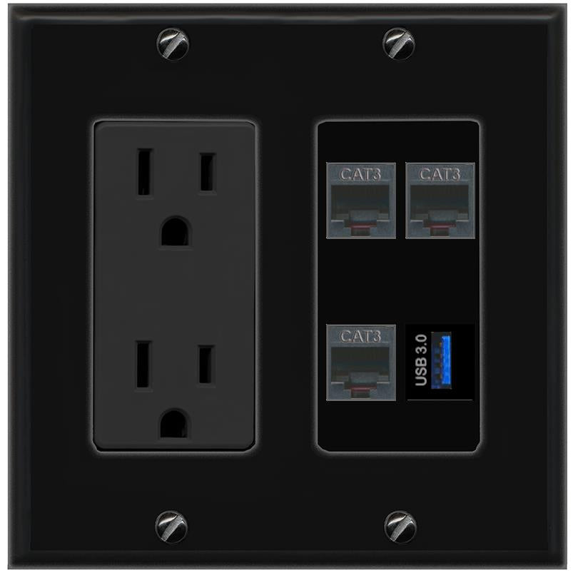 RiteAV 3 PHONE USB-3 Wall Plate with 15A Power Outlet [Black]
