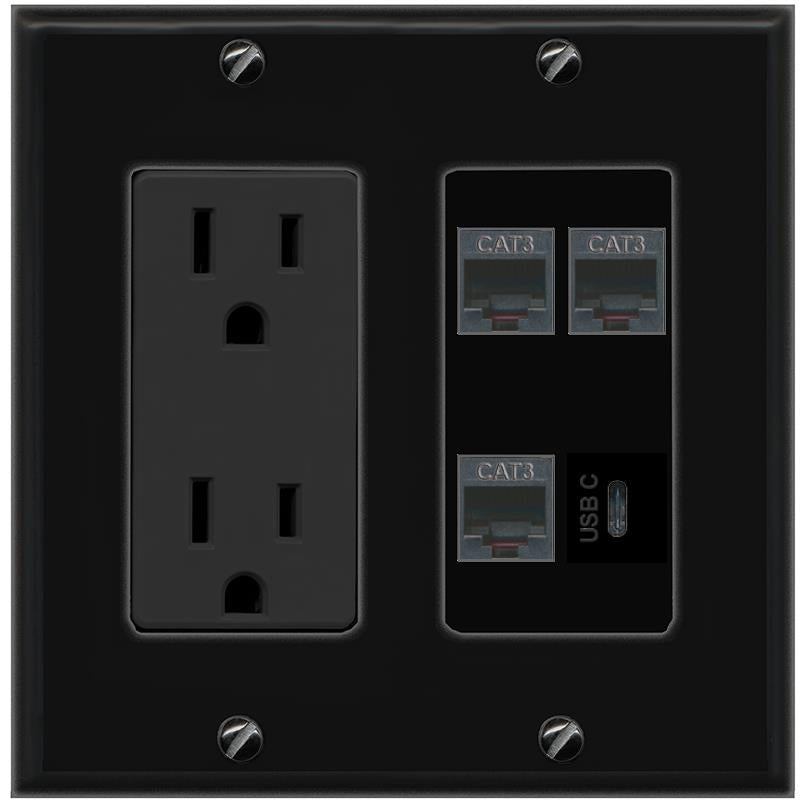 RiteAV 3 PHONE USBC Wall Plate with 15A Power Outlet [Black]
