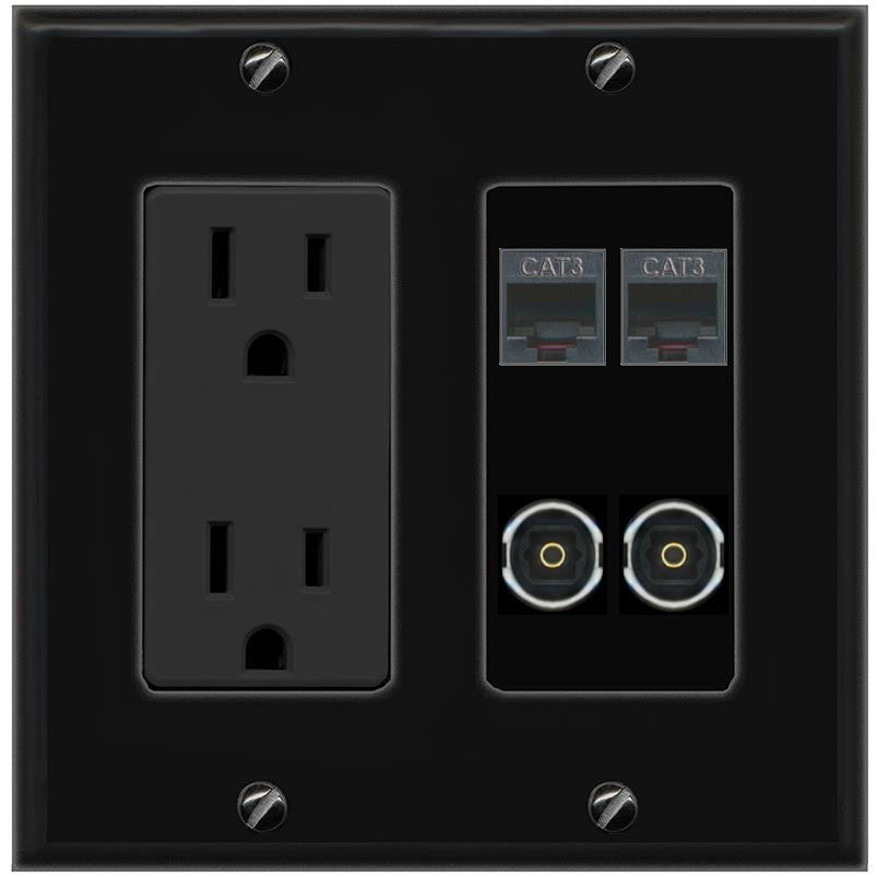 RiteAV 2 PHONE 2 TOSLINK Wall Plate with 15A Power Outlet [Black]