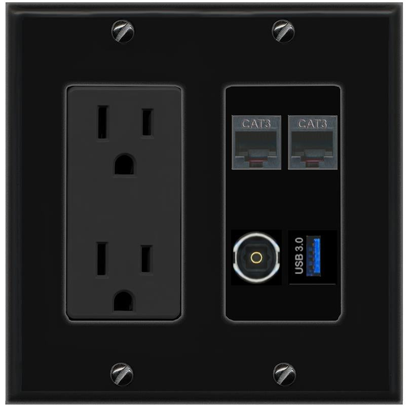 RiteAV 2 PHONE TOSLINK USB-3 Wall Plate with 15A Power Outlet [Black]