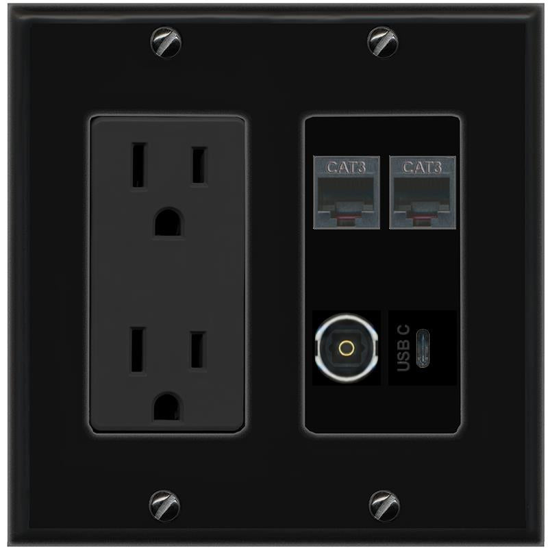RiteAV 2 PHONE TOSLINK USBC Wall Plate with 15A Power Outlet [Black]