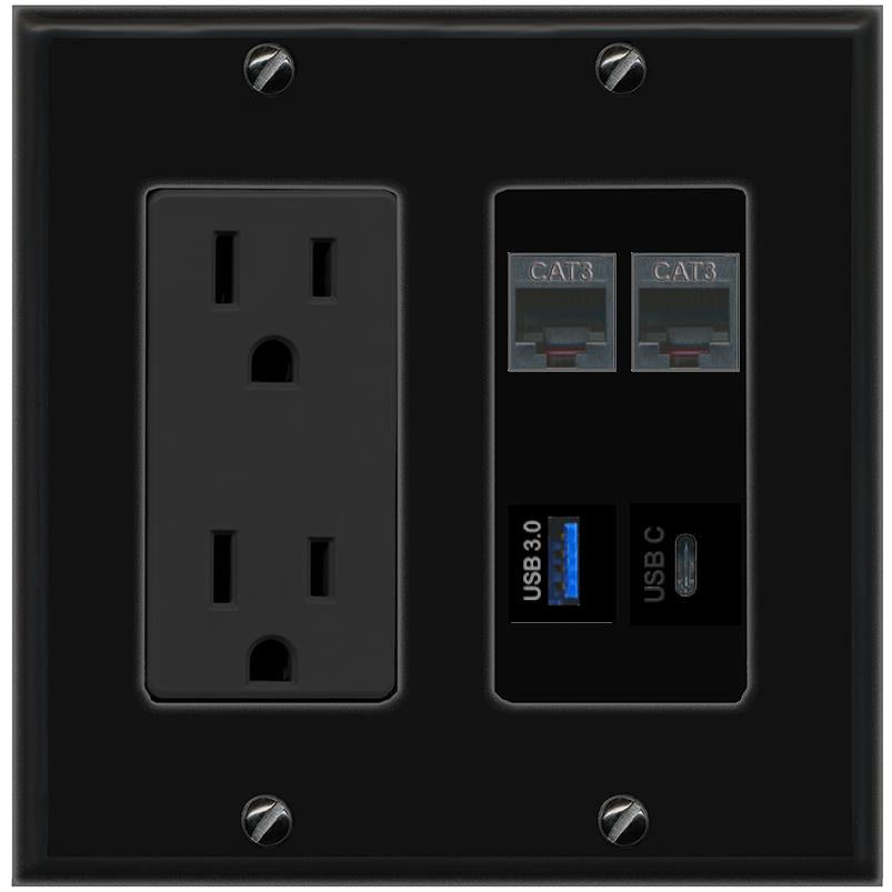 RiteAV 2 PHONE USB-3 USBC Wall Plate with 15A Power Outlet [Black]