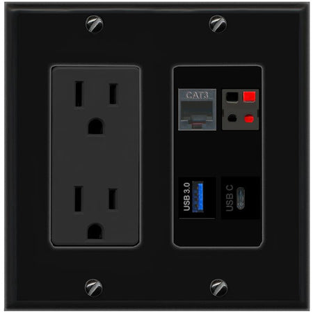 RiteAV PHONE SPEAKER USB-3 USBC Wall Plate with 15A Power Outlet [Black]