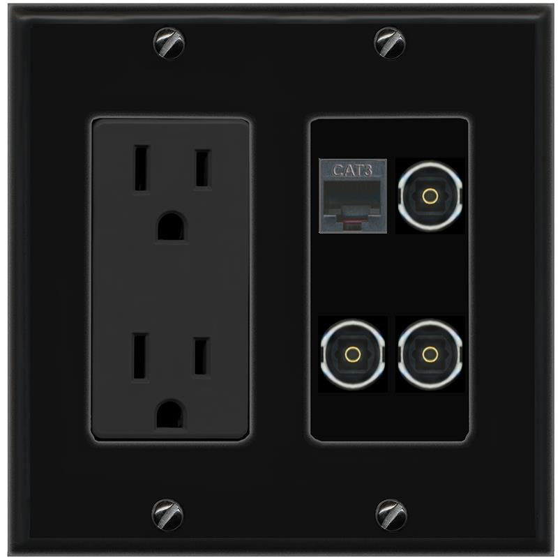 RiteAV PHONE 3 TOSLINK Wall Plate with 15A Power Outlet [Black]