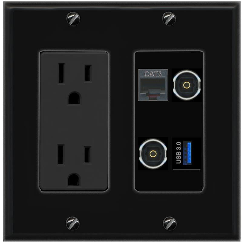 RiteAV PHONE 2 TOSLINK USB-3 Wall Plate with 15A Power Outlet [Black]