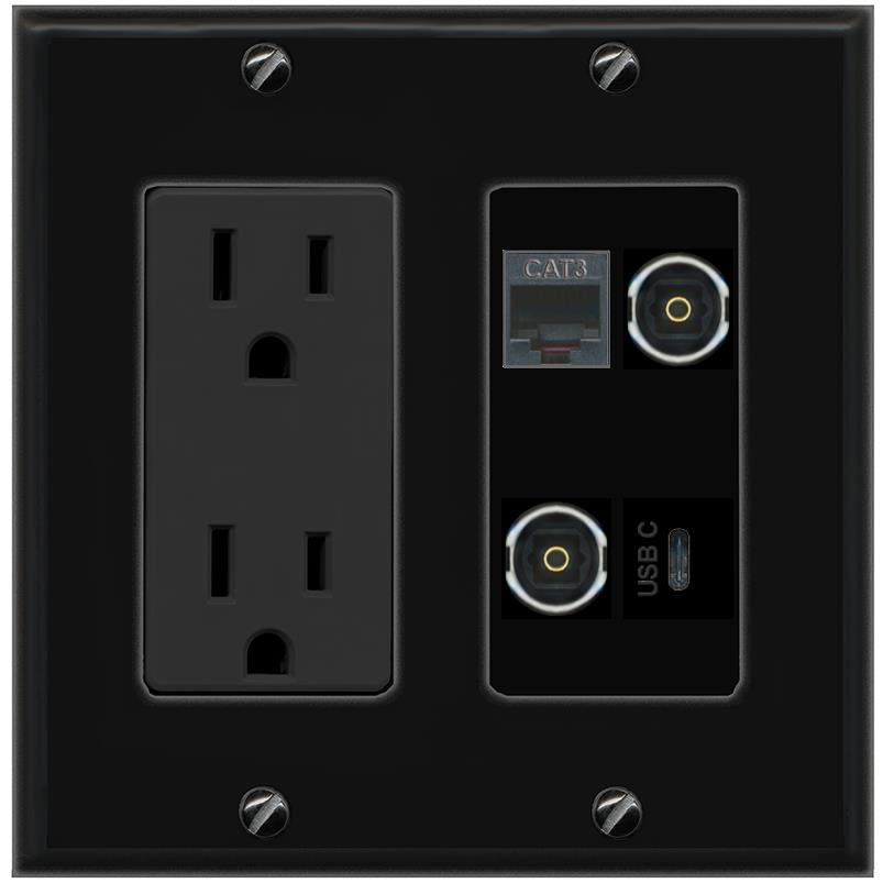 RiteAV PHONE 2 TOSLINK USBC Wall Plate with 15A Power Outlet [Black]