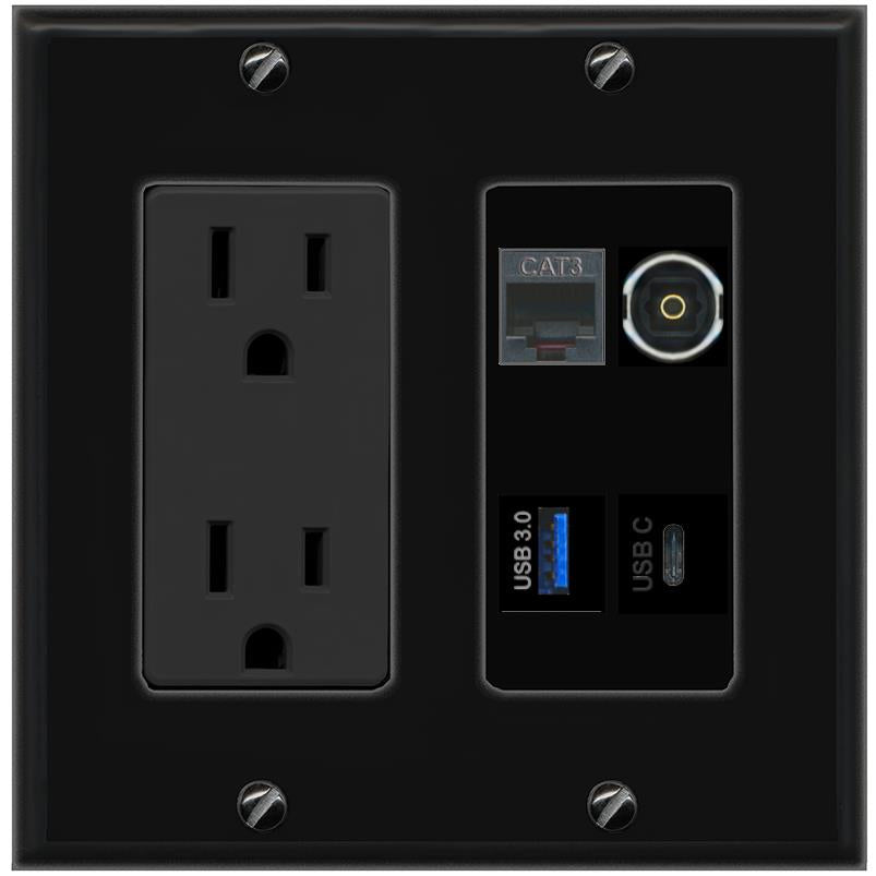 RiteAV PHONE TOSLINK USB-3 USBC Wall Plate with 15A Power Outlet [Black]