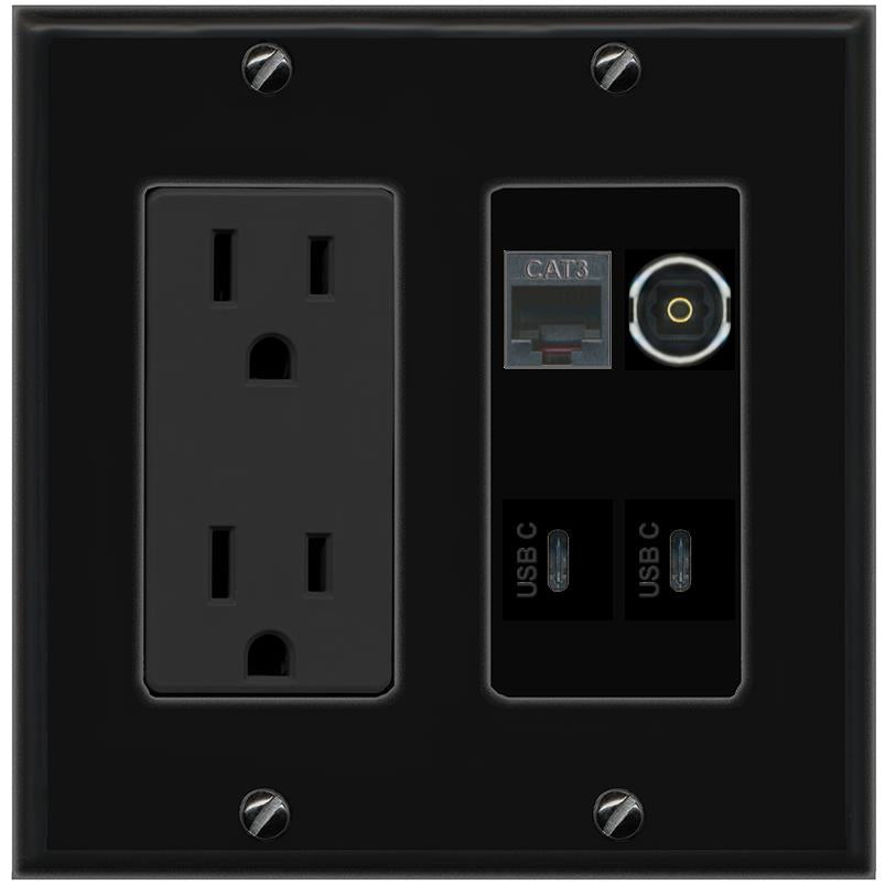 RiteAV PHONE TOSLINK 2 USBC Wall Plate with 15A Power Outlet [Black]