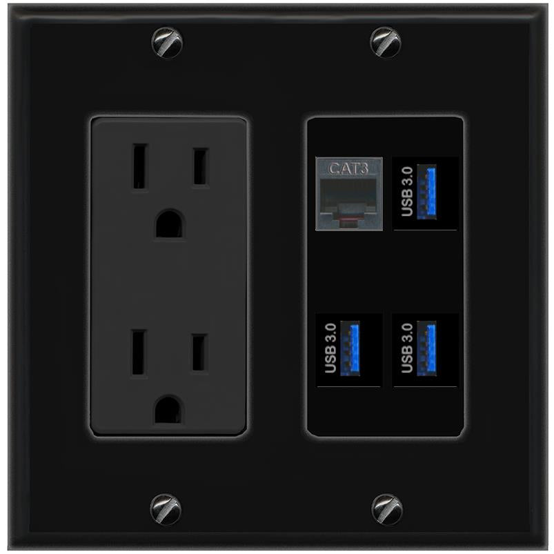 RiteAV PHONE 3 USB-3 Wall Plate with 15A Power Outlet [Black]