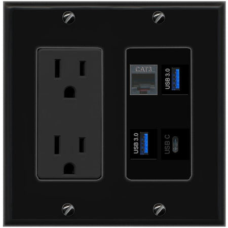RiteAV PHONE 2 USB-3 USBC Wall Plate with 15A Power Outlet [Black]