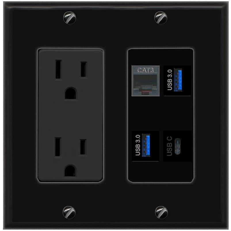 RiteAV PHONE 2 USB-3 USBC Wall Plate with 15A Power Outlet [Black]