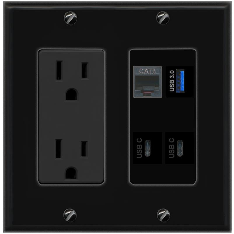 RiteAV PHONE USB-3 2 USBC Wall Plate with 15A Power Outlet [Black]
