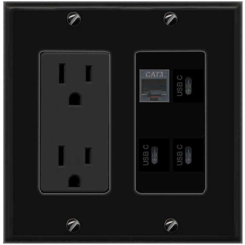 RiteAV PHONE 3 USBC Wall Plate with 15A Power Outlet [Black]