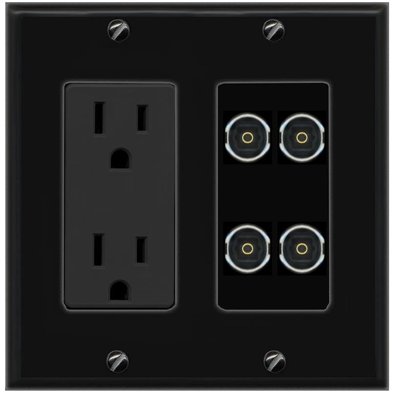 RiteAV 4 TOSLINK Wall Plate with 15A Power Outlet [Black]