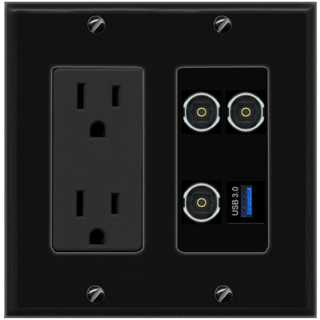 RiteAV 3 TOSLINK USB-3 Wall Plate with 15A Power Outlet [Black]