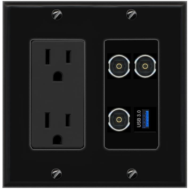 RiteAV 3 TOSLINK USB-3 Wall Plate with 15A Power Outlet [Black]