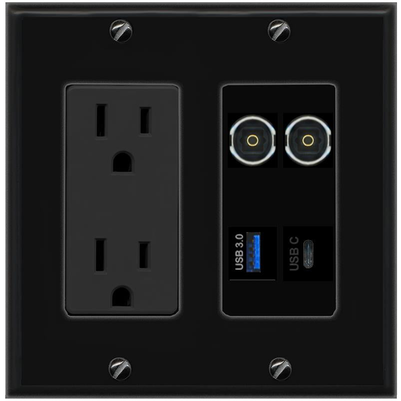 RiteAV 2 TOSLINK USB-3 USBC Wall Plate with 15A Power Outlet [Black]