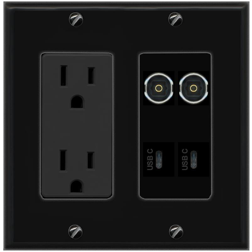 RiteAV 2 TOSLINK 2 USBC Wall Plate with 15A Power Outlet [Black]