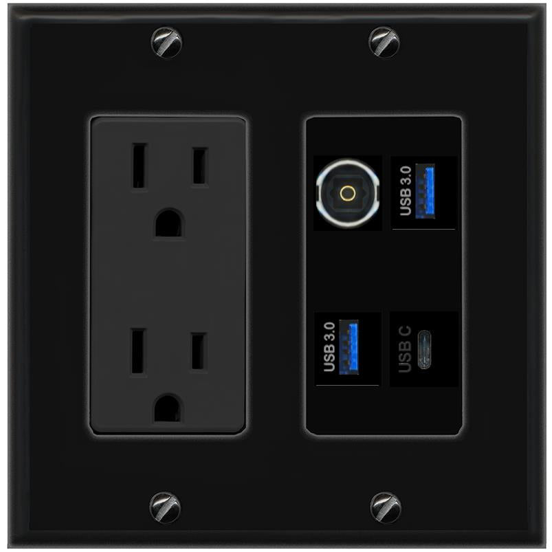 RiteAV TOSLINK 2 USB-3 USBC Wall Plate with 15A Power Outlet [Black]