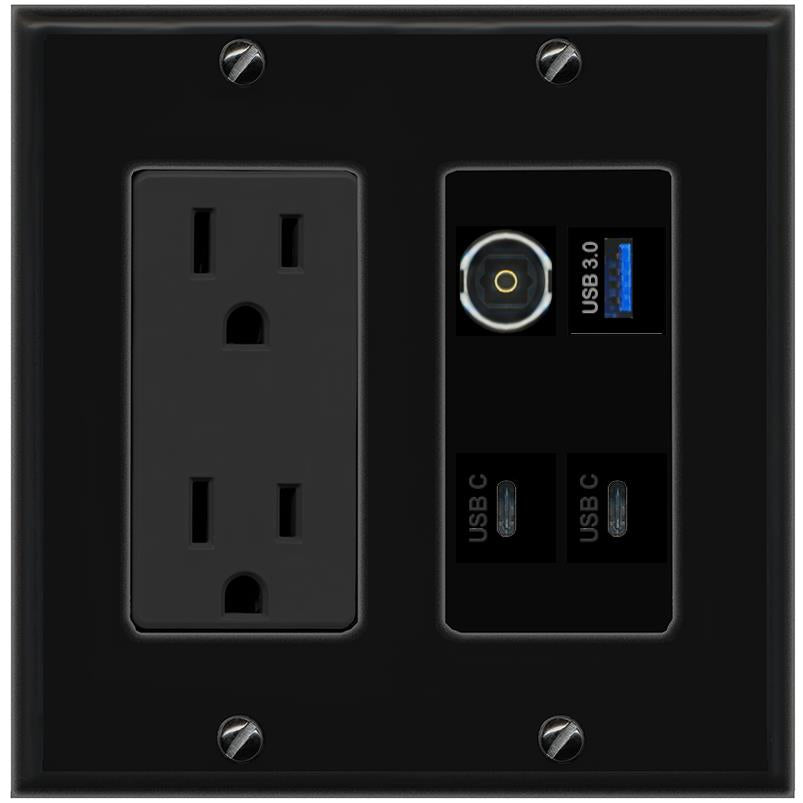 RiteAV TOSLINK USB-3 2 USBC Wall Plate with 15A Power Outlet [Black]