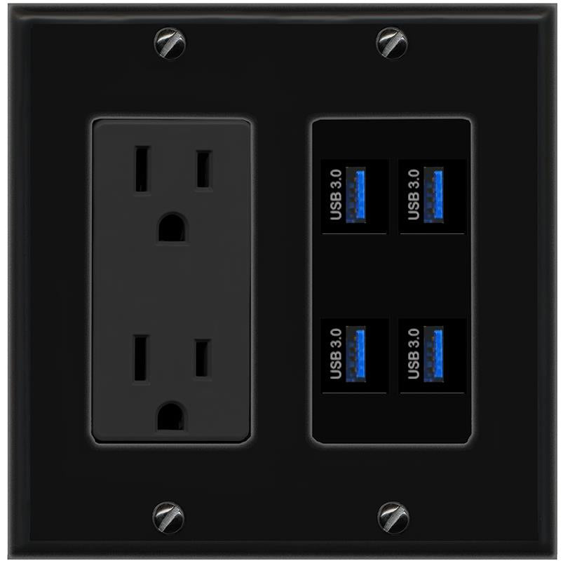 RiteAV 4 USB-3 Wall Plate with 15A Power Outlet [Black]