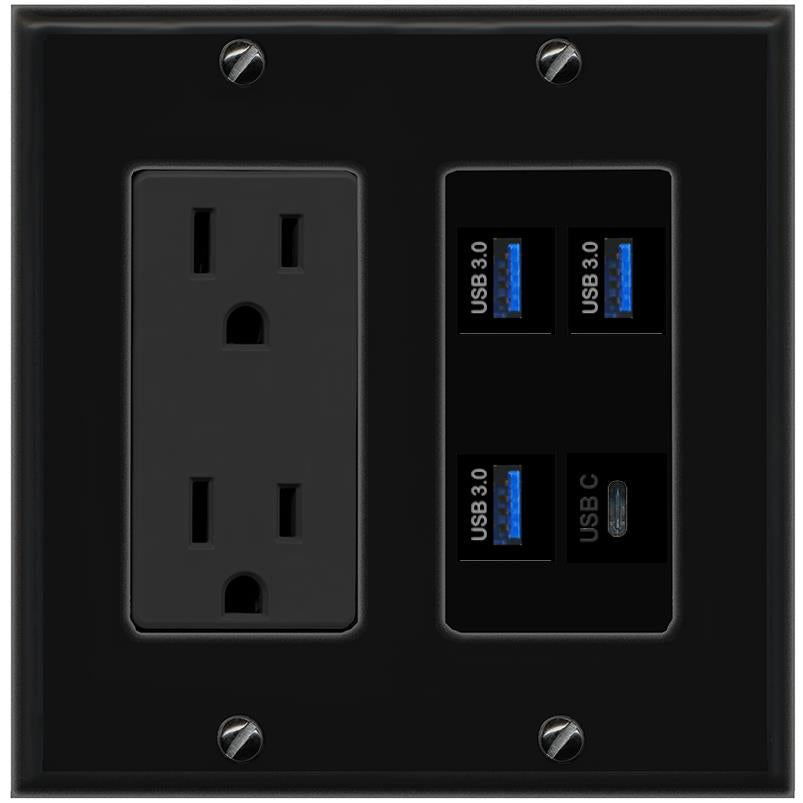 RiteAV 3 USB-3 USBC Wall Plate with 15A Power Outlet [Black]