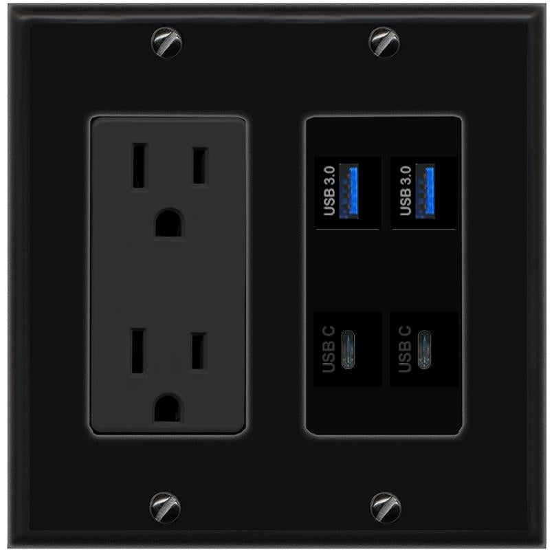 RiteAV 2 USB-3 2 USBC Wall Plate with 15A Power Outlet [Black]