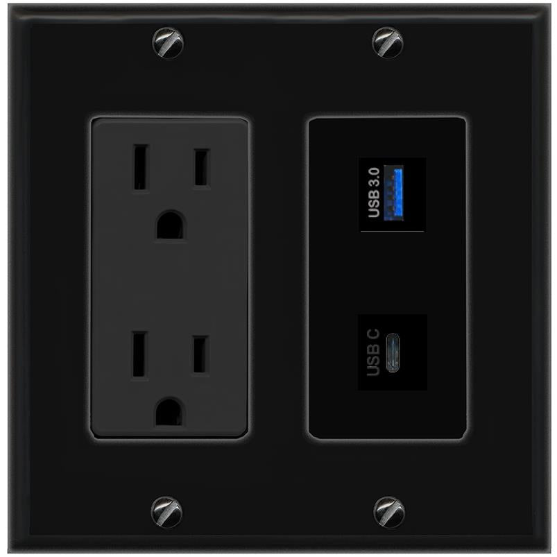1 USB-3 1 USBC Wall Plate [Black]