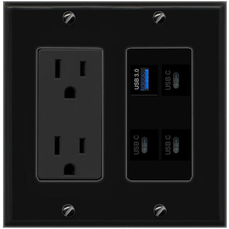 RiteAV USB-3 3 USBC Wall Plate with 15A Power Outlet [Black]