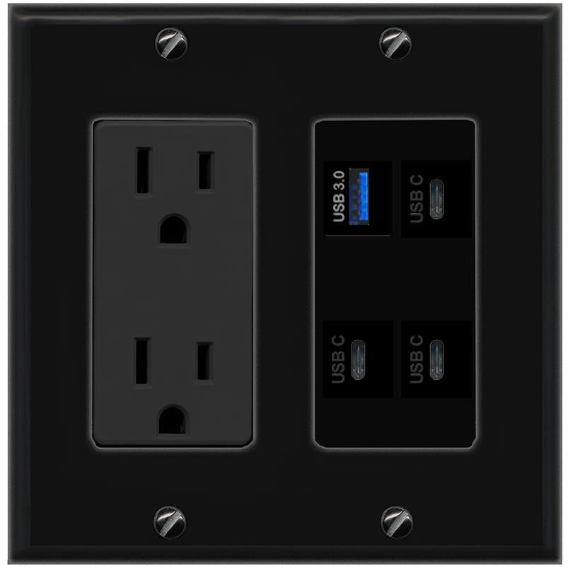 RiteAV USB-3 3 USBC Wall Plate with 15A Power Outlet [Black]
