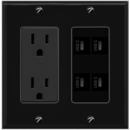 RiteAV 4 USBC Wall Plate with 15A Power Outlet [Black]