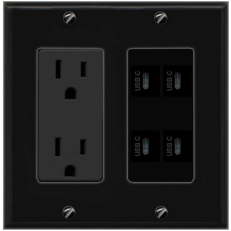 RiteAV 4 USBC Wall Plate with 15A Power Outlet [Black]
