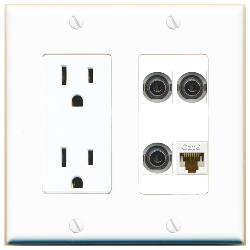RiteAV 3 3.5mm CAT6 Wall Plate with 15A Power Outlet [White]